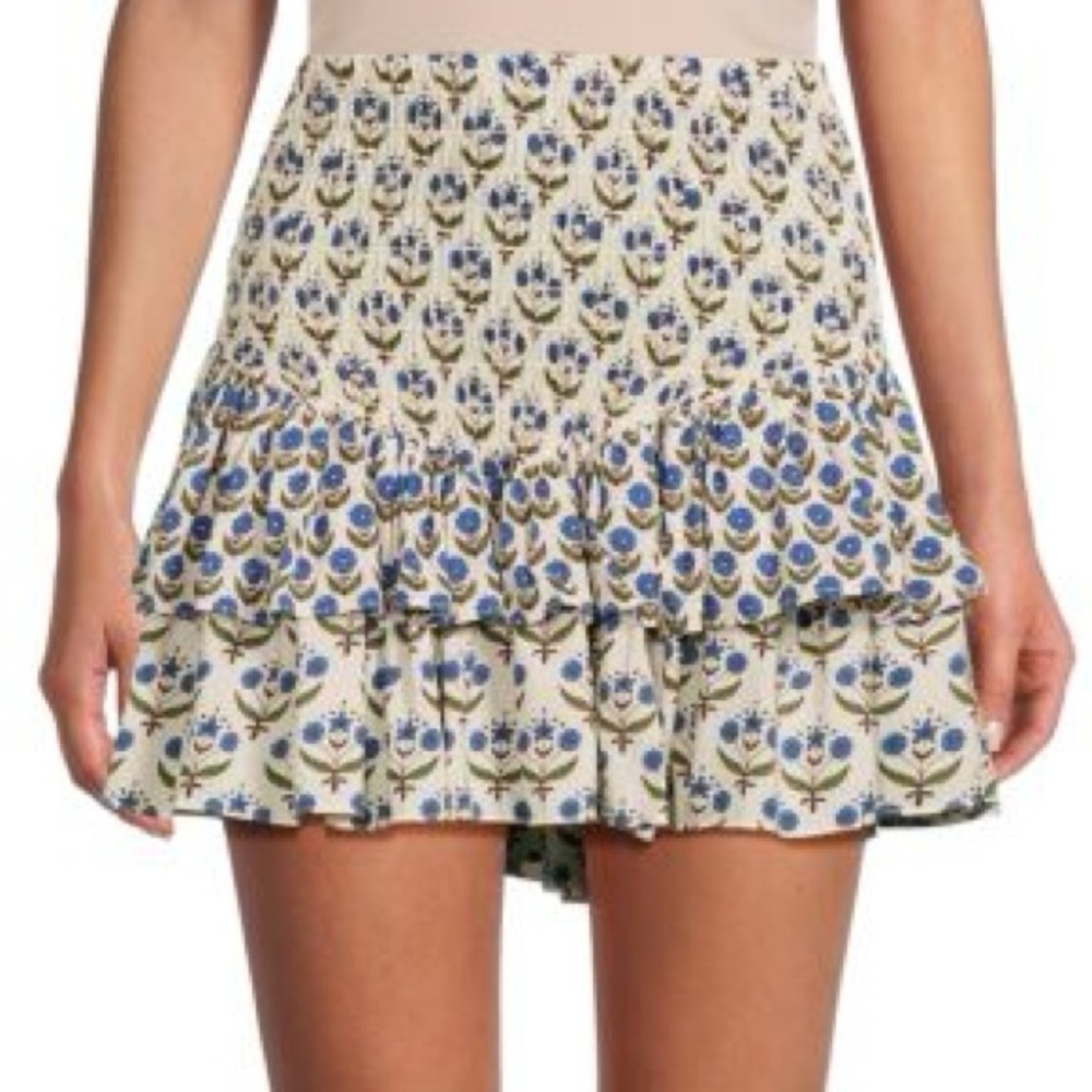 NWOT Misa Azzedina Smocked Floral Mini Skirt Blue & White Floral Pattern SIZE L